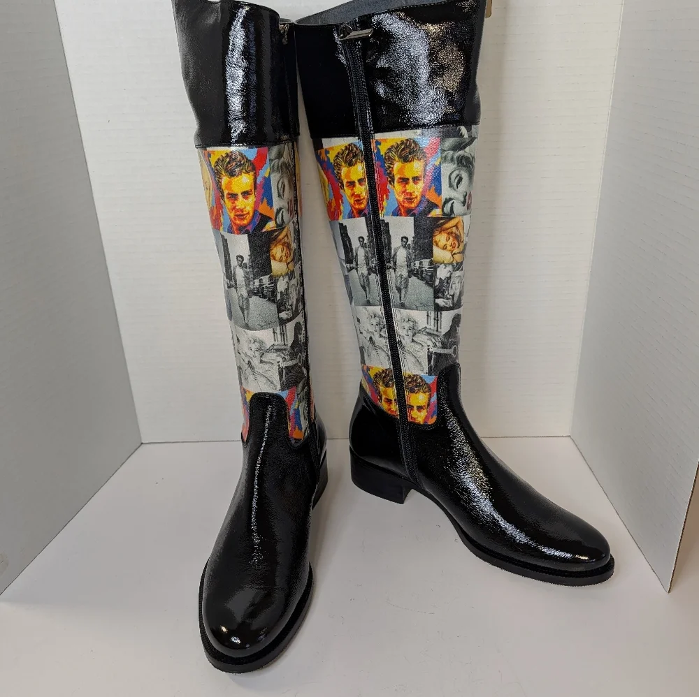 Rain Boots Side Zipper   Never Worn Hollywood Newsprint Size 7